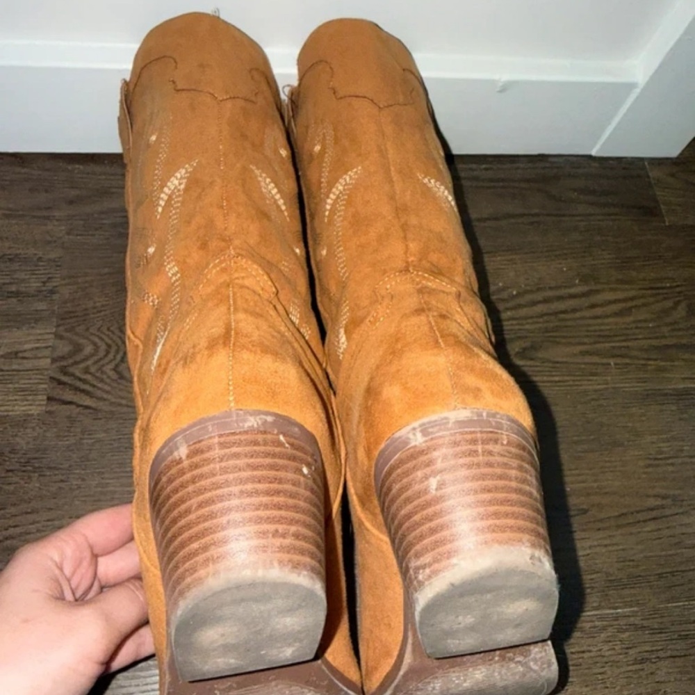 Qupid Tan Suede Western Knee-High Heeled Boots - Picture 3 of 5